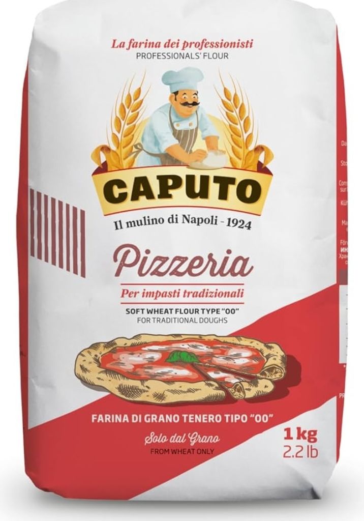 A bag of Caputo Pizzeria flour with an illustration of a chef and a pizza.