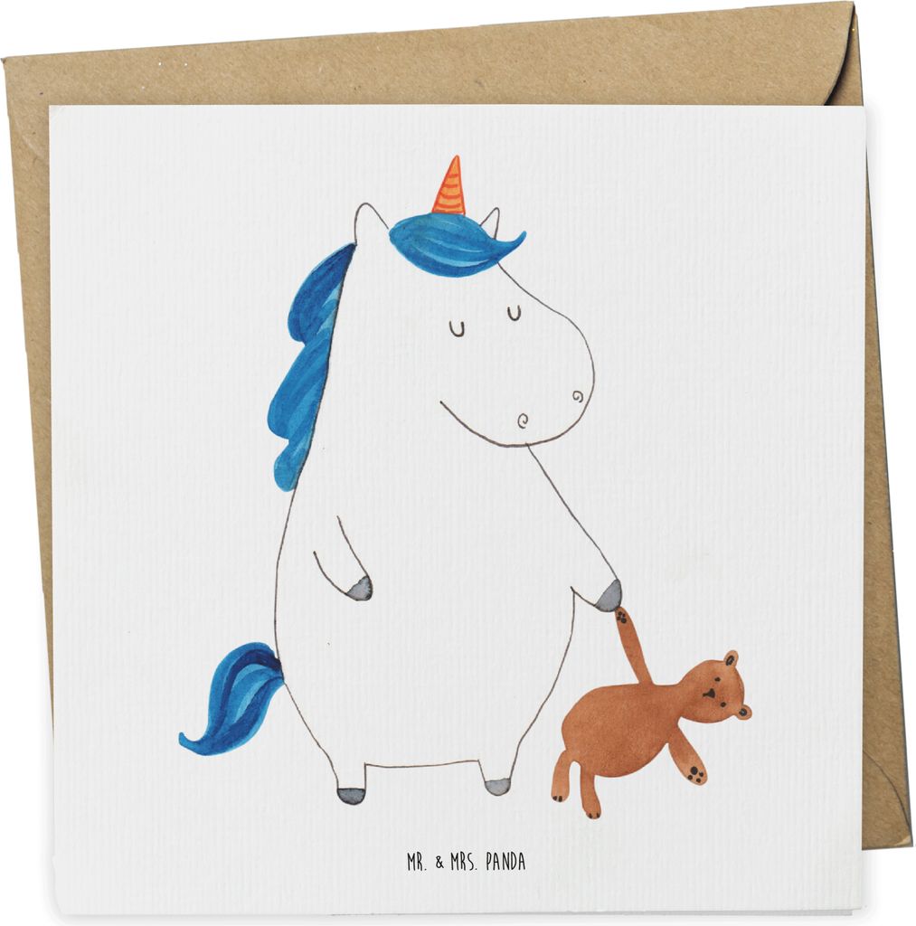 Mr. & Mrs. Panda Grußkarte Einhorn Teddy - Weiß - Geschenk, Single, Klappkarte, Unicorn, Bett, Gute Nacht, faltkarte, Einhörner, anlasskarte, Tr...