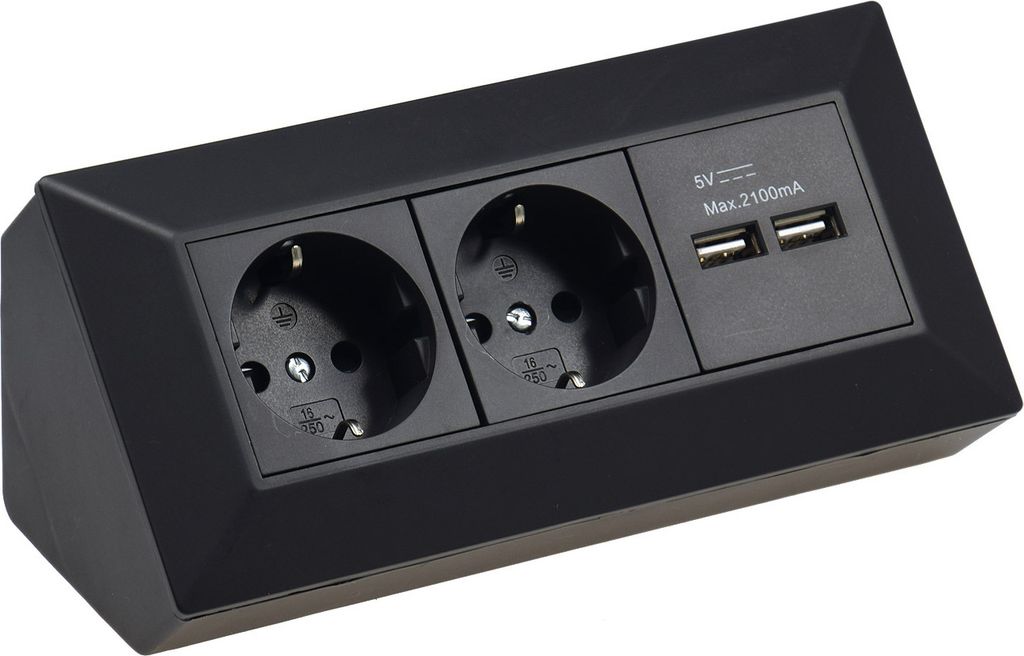 ChiliTec 2-drożny blok gniazd + 2x USB czarny 250V AC / 16A Zdjęcie produktu 