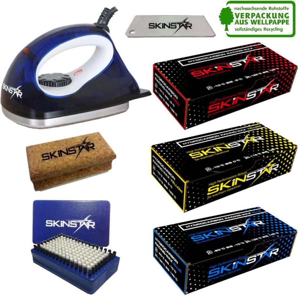 SKINSTAR Starter Ski Wachs Set, Wachsbügeleisen Bürste Hydrocarbonwachs 7-teilig Combo