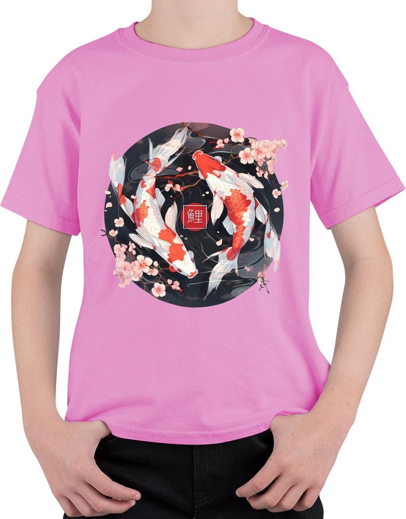Koi Karpfen Sakura Japanisch Fische Zen Kirschblüten YinYang 鯉 Uni Kinder T-Shirt, Pink, 104