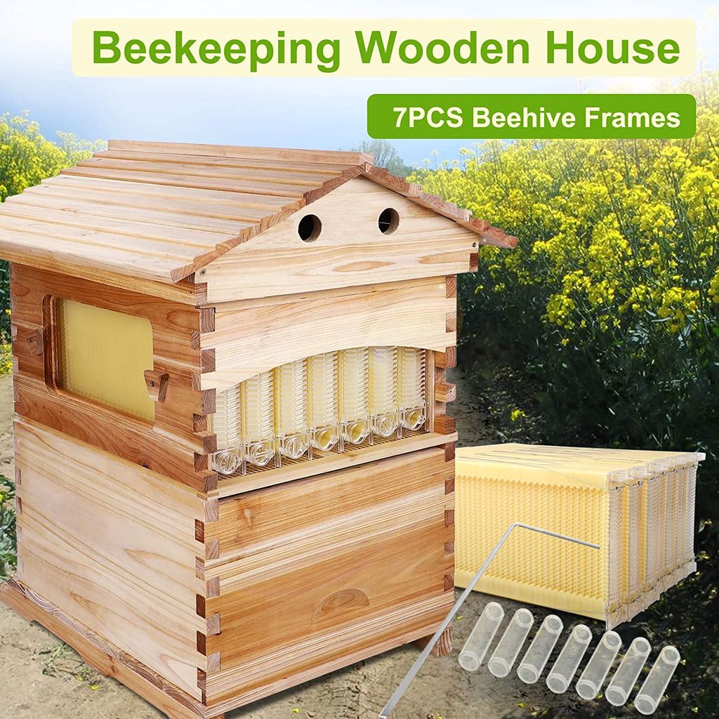 SUDOO Auto Flow Bienenstock-Boxen aus Holz für Bienenzucht Anfänger komplettes Honigstöcke mit 7 automatischen Bienenstock-Rahmen und stabilem Bodenbrett Naturholz Brut-/Superbox für Imker 
