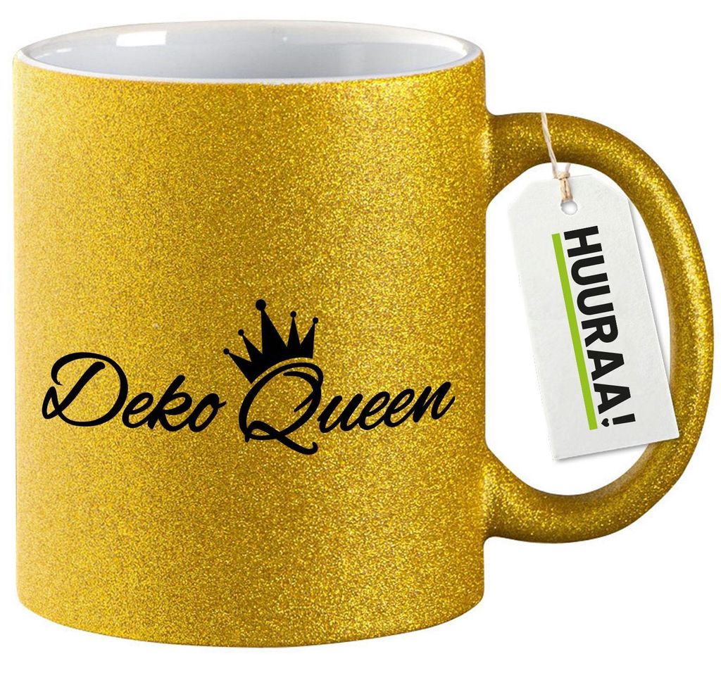 Huuraa Glitzertasse Deko Queen Krone 330ml Gold Keramik Kaffeebecher Geschenkidee