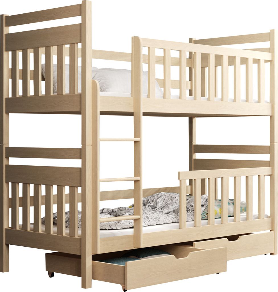 MIRJAN24 Etagenbett mit Stauraum Monika, Jugendbett mit Bettschubladen, Stilvoll Hochbett, Holzkonstruktion (Farbe: Kiefer, Größe: 90x200)