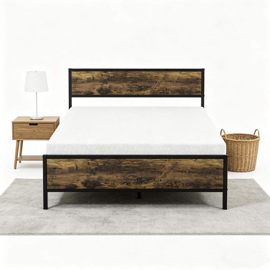 Metallbett 140x200 mit Matratze, 20cm Kaltschaummatratze H3 & Lattenrost Set, Industrial Design Retro, Schwarz/Braun