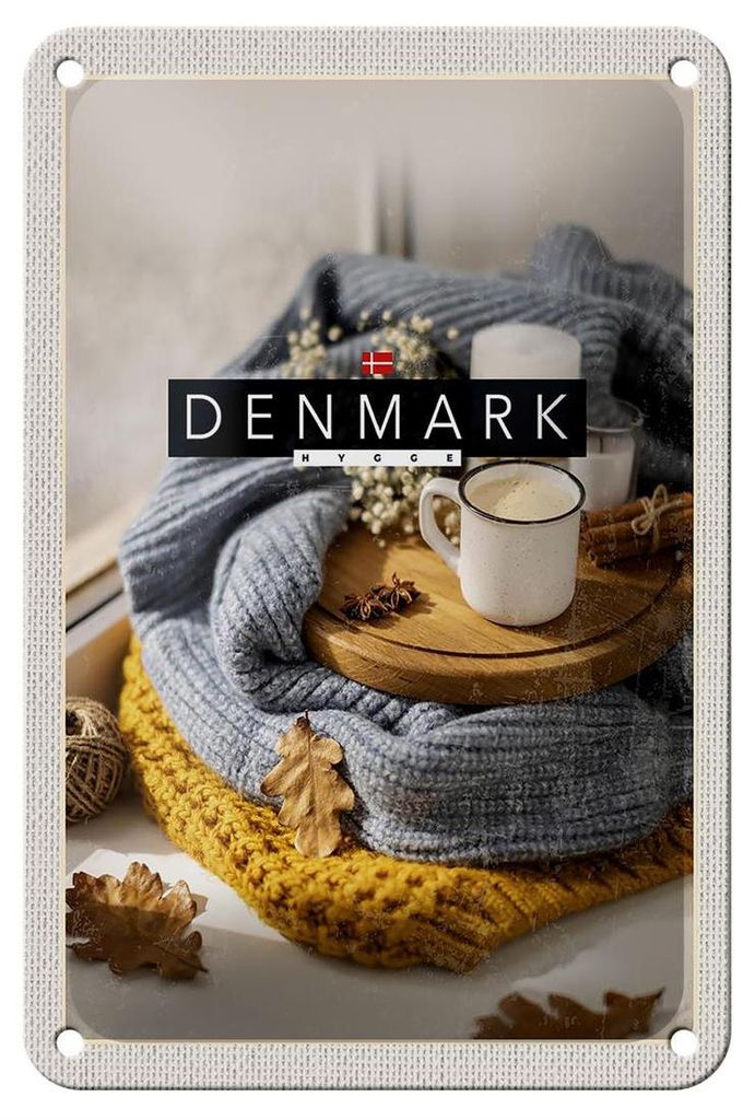 Blechschild Reise 12x18cm Dänemark Wollpullover Tasse Zimtstange Schild