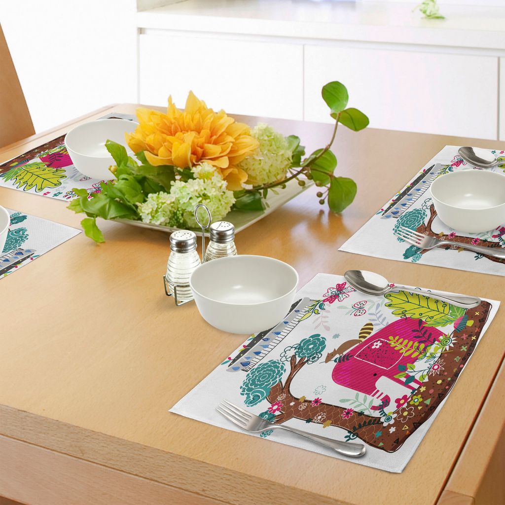 ABAKUHAUS Kinder Platzmatten, Bunte Handdrawn Tier-Elefant-Eichhörnchen-Baum-Blumenjungel-Natur-Illustration, Tiscjdeco aus Farbfesten Stoff für ...
