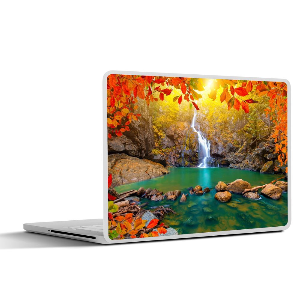 MuchoWow Laptop Aufkleber Sticker Cover Steine - Baum - Wasserfall - Herbst - Rot 36.5x27.5 cm - Laptop-Sticker