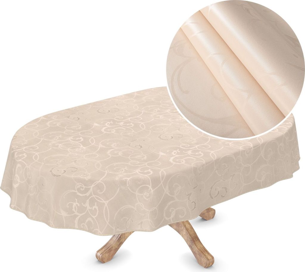 Tischdecke Wachstuch Premium Ornamente Beige Robust Wasserabweisend Oval Breite 155 cm Länge 320 cm