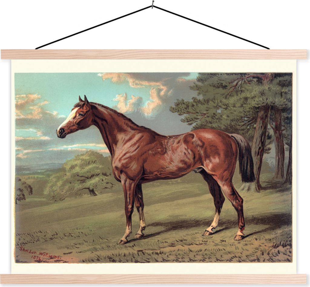 MuchoWow Textilposter Pferd - Wald - Jahrgang 150x113 cm mit holzfarbenen Rahmen - Poster