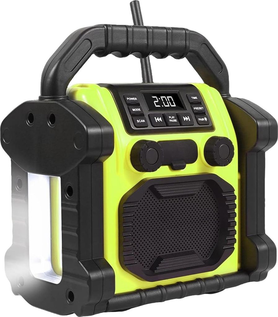Bluetooth Lautsprecher mit Radio FM, IPX66 wasserdicht, 4000mAh Powerbank, LED Licht, tragbarer Outdoor Baustellenlautsprecher mit Griff