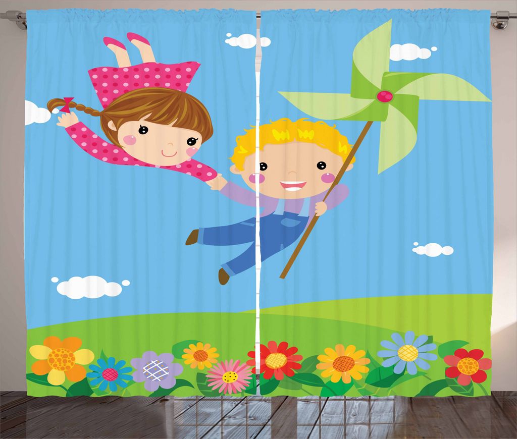 ABAKUHAUS Pinwheel Rustikaler Vorhang, Karikatur-Kind-Freunde, Wohnzimmer Universalband Gardinen mit Schlaufen und Haken, 280 x 225 cm, Mehrfarbig