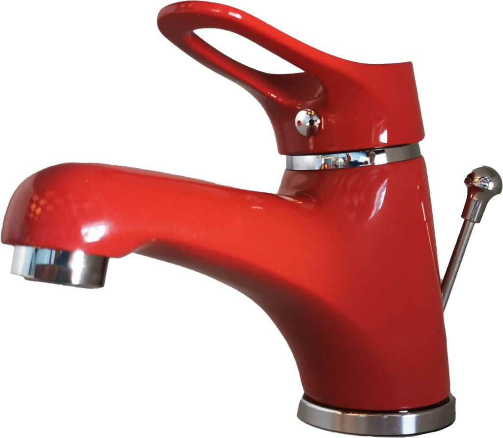 A red faucet on a white background.