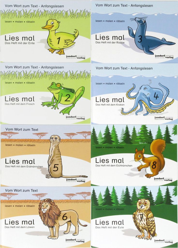 A collage of eight book covers, each featuring a cartoon animal and a number, with German text.
