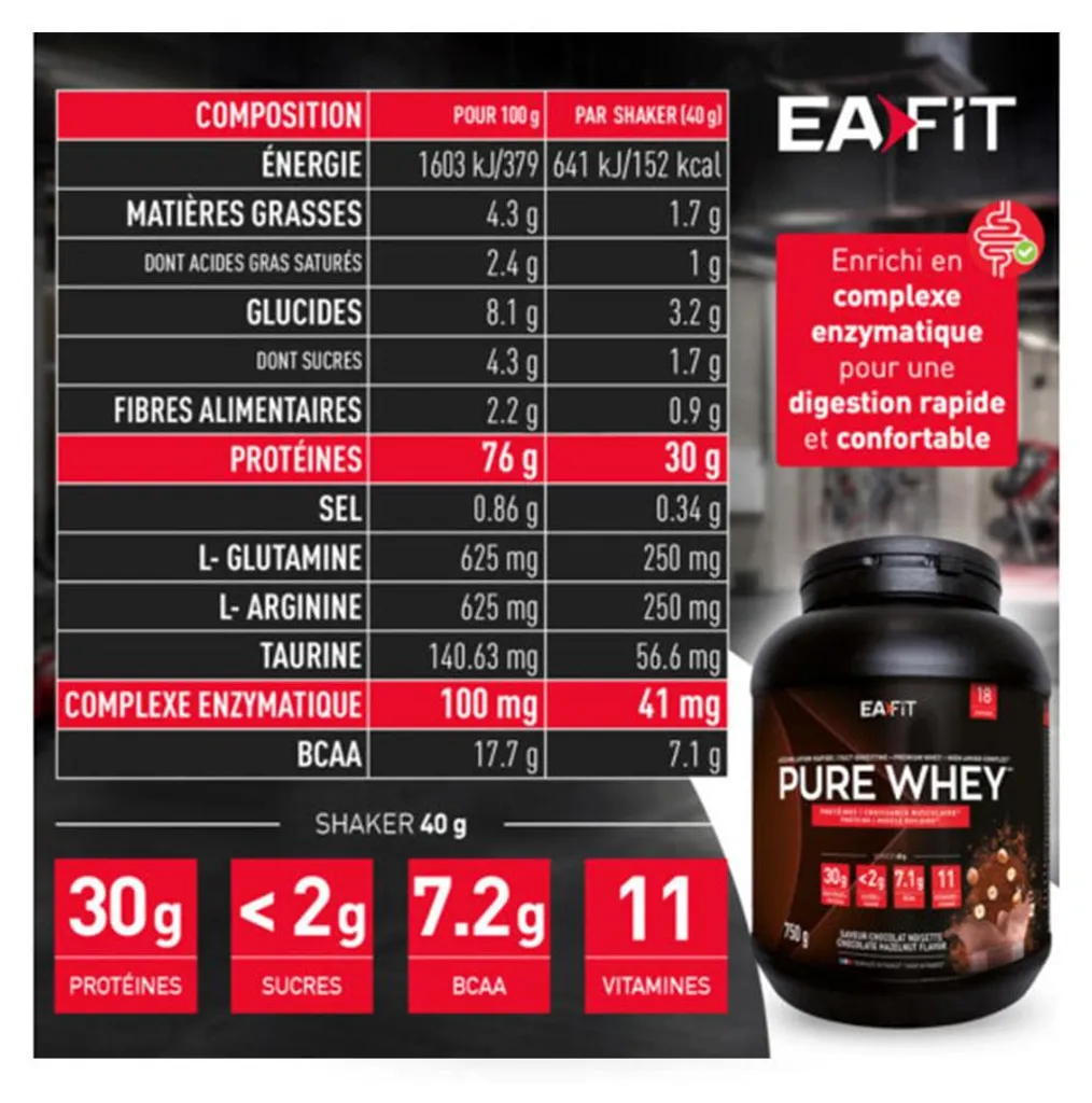Protéine de Lactosérum Eafit Pure Whey 850g Chocolat Noisette Récupération - 2