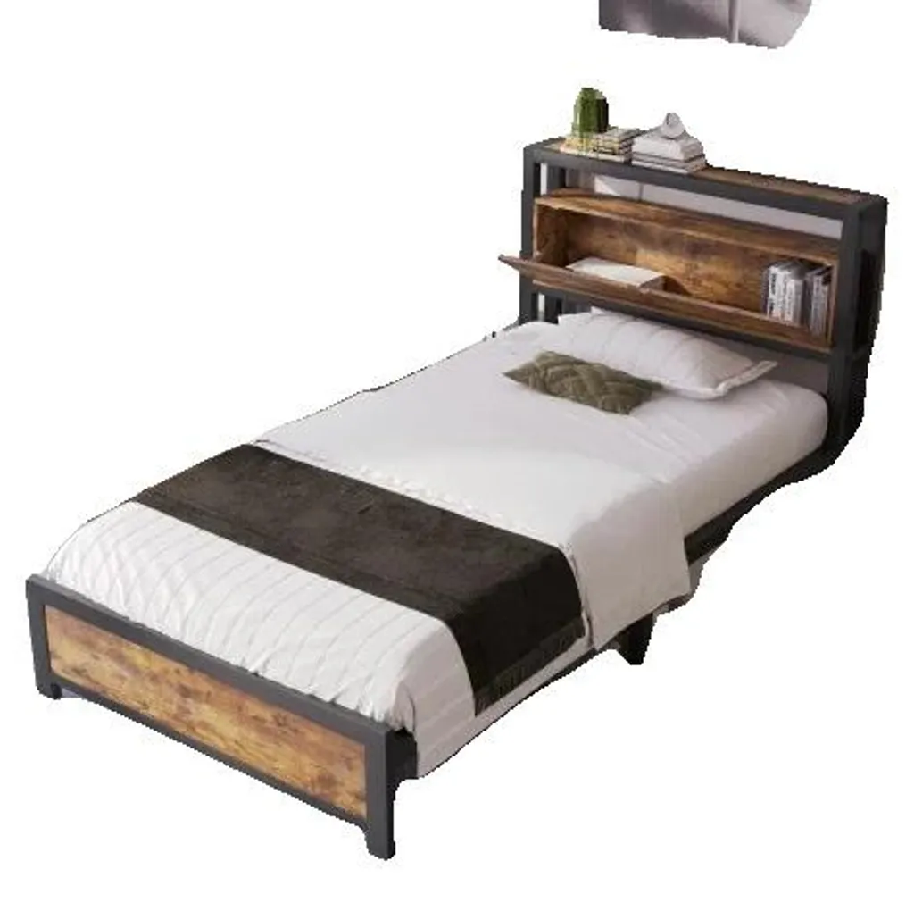 Cadre de lit simple en métal chocolat 90x200 cm avec niches de stockage