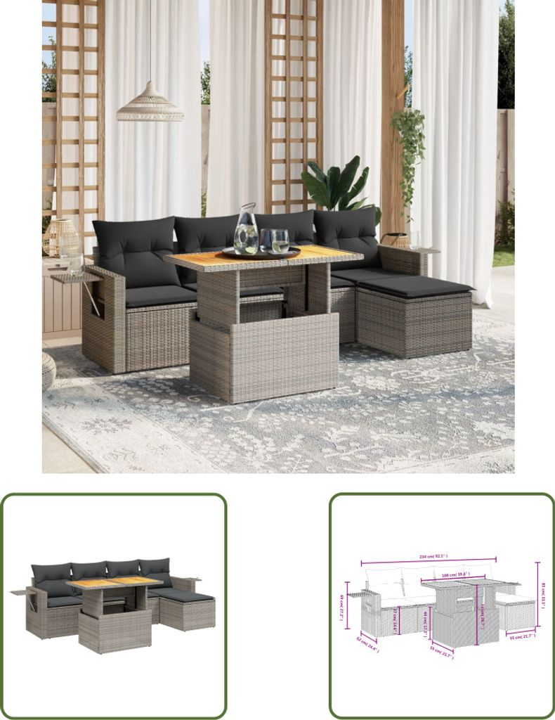 The Living Store 6-tlg. Garten-Sofagarnitur mit Kissen Grau Poly Rattan