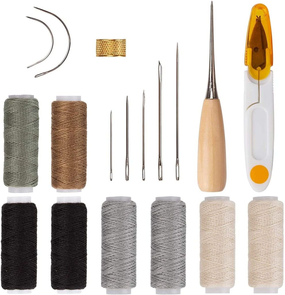 18tlg Hand Ledernadeln Nähzubehör Set mit Ledernadeln, Wachsfaden, Wachsgarn, Bohrahle zum Nähen von Leder Handwerk Basteln und Polster Reparatur