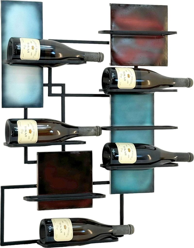 A modern metal wine rack holding eight bottles, mounted on a white background.
