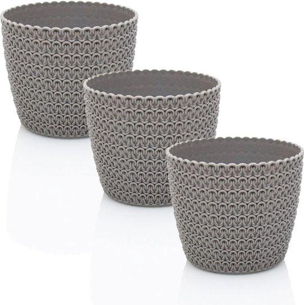 3-teiliges Pflanzgefäß-Setsystem, 14 cm, grauer Pflanztopf, Holzoptik, Kunststoffpflanztopf-Ansatz