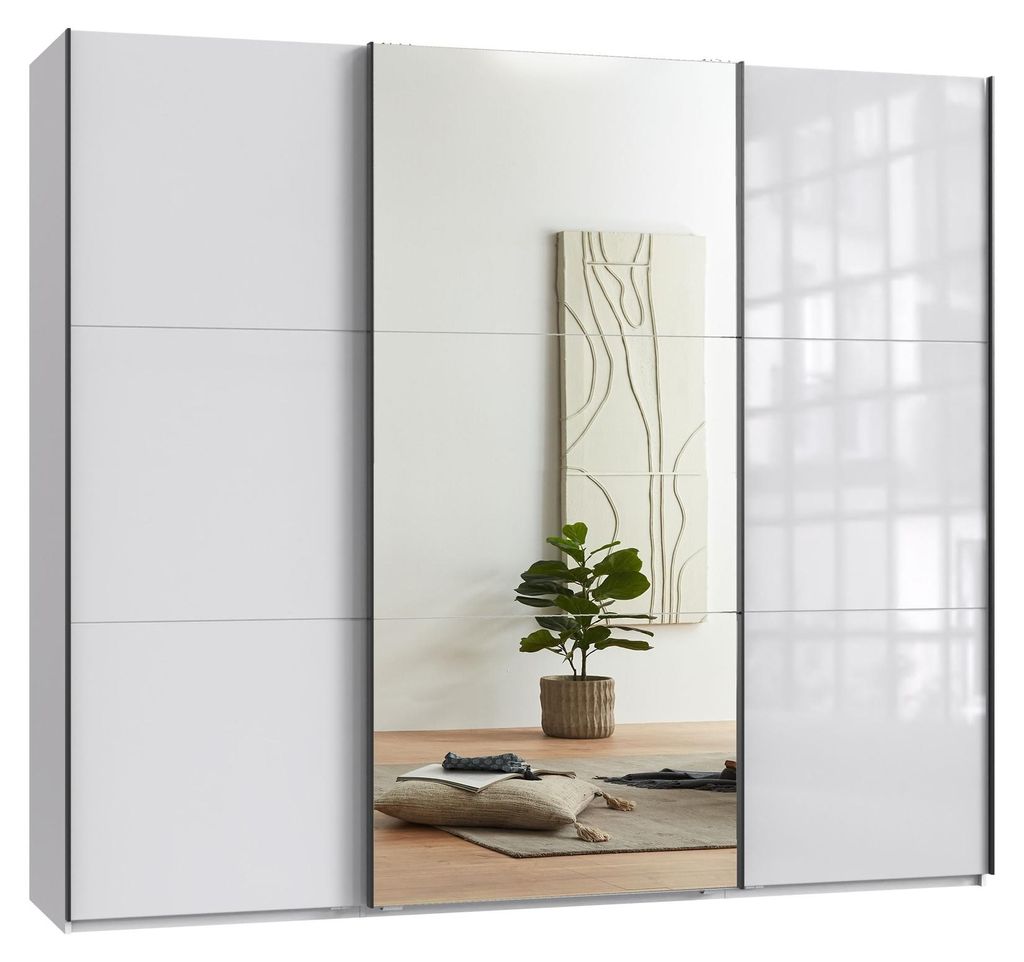 Schwebetürenschrank >indiana C< in WEISS + GLAS / SPIEGEL - 250x216x65cm (BxHxT)