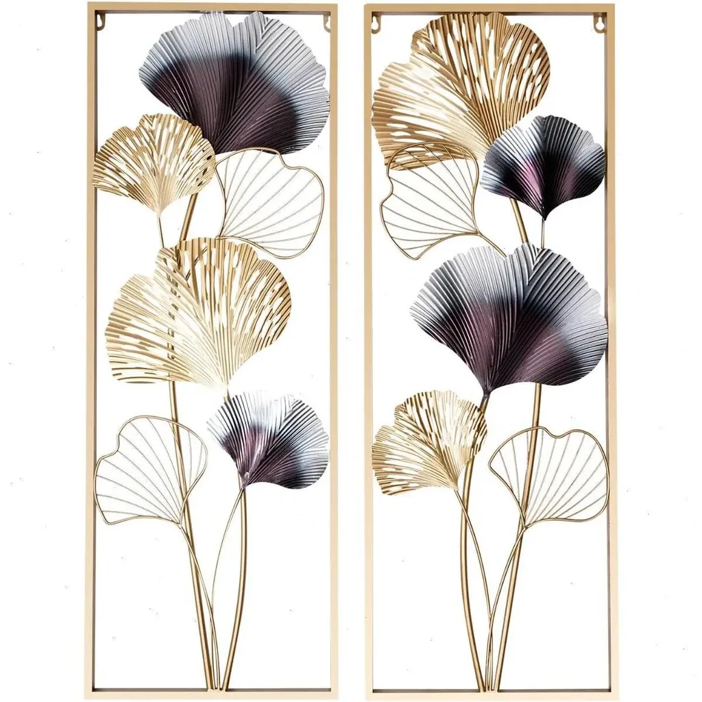Décoration murale métal feuilles ginkgo or et bleu - Duo design 85x31cm