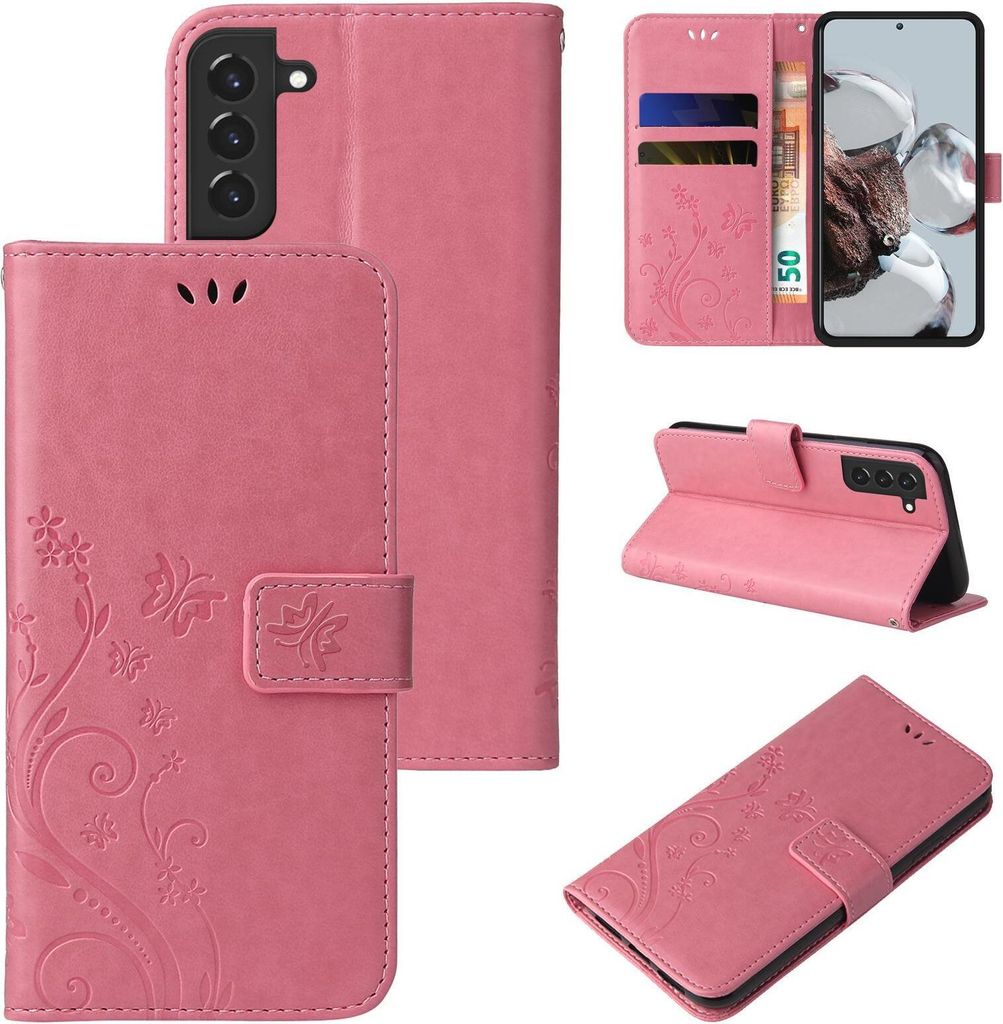 Handyhülle für Samsung Galaxy S22+ Floral Blumen Schmetterling Flip Cover Hülle Case Klapphülle Handytasche Farbe: Rosegold