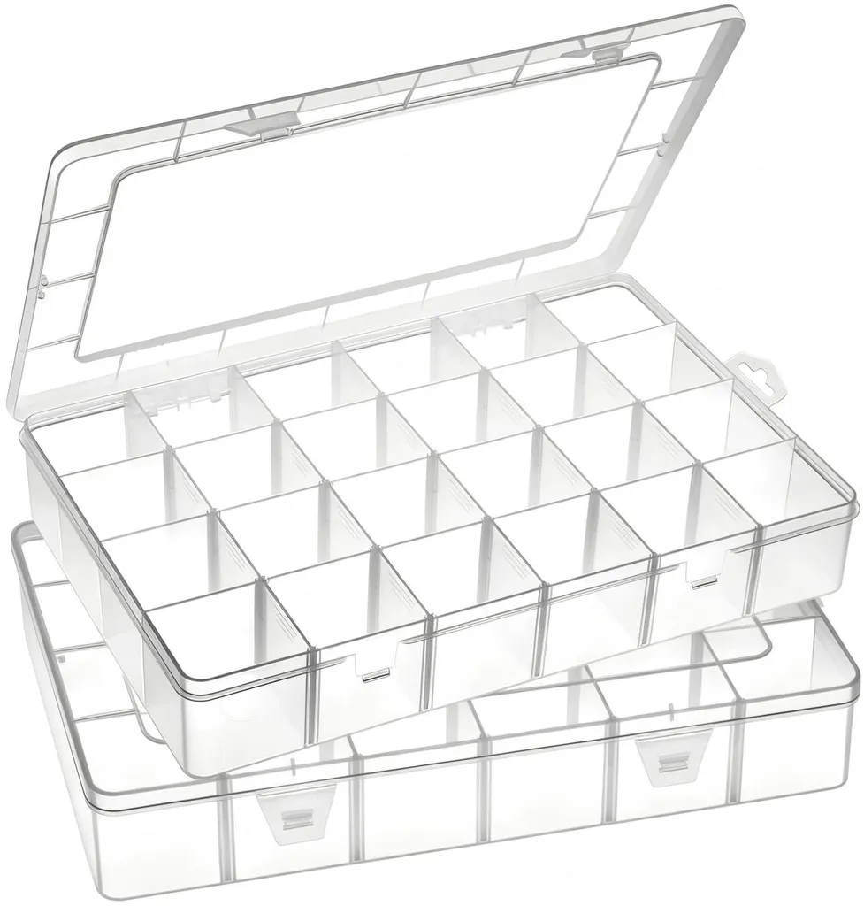 Boîte de rangement 24 compartiments en plastique transparent - Lot de 2