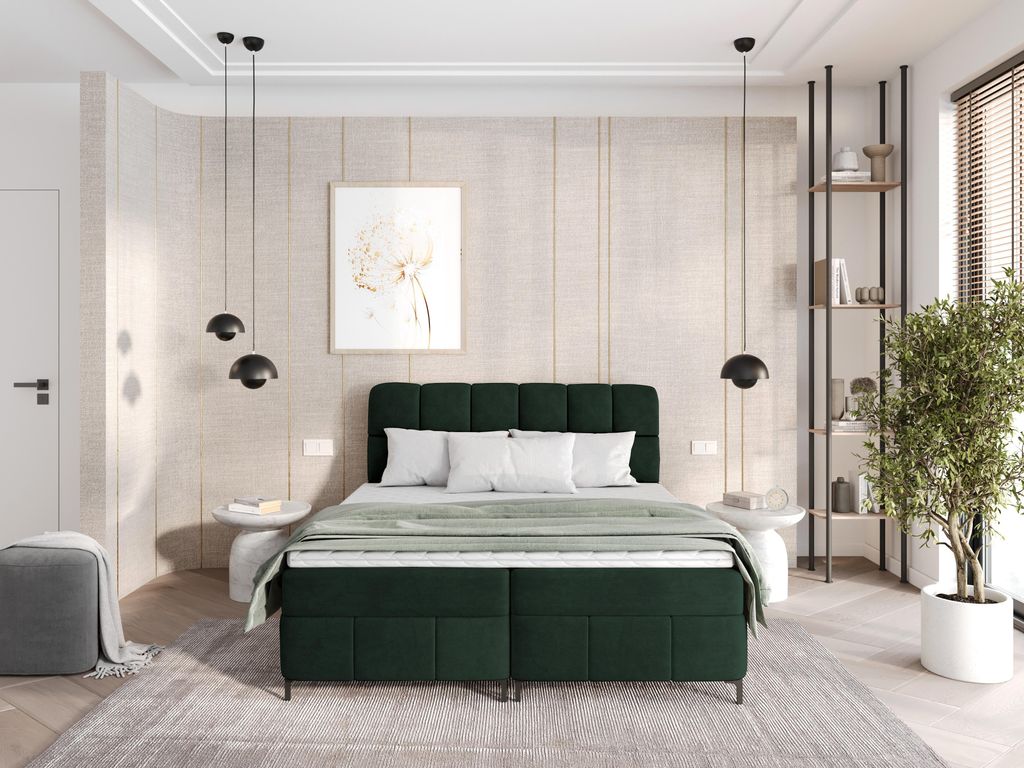 Boxspringbett CINDY 160x200 mit Bettkästen und Topper | Doppelbett| Bonell-Matratze| Polsterbett| Bett| Bettgestell| Schlafzimmer- Flaschengrün