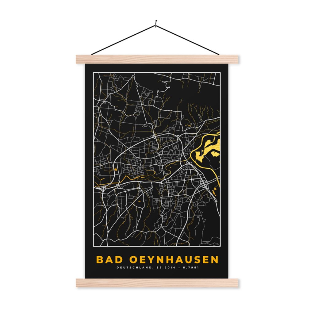MuchoWow Textilposter Karte - Bad Oeynhausen - Gold - Stadtplan - Deutschland 60x90 cm mit holzfarbenen Rahmen - Textil