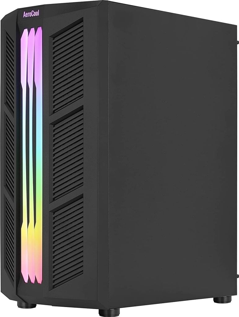 A black computer tower with RGB lighting on the front.