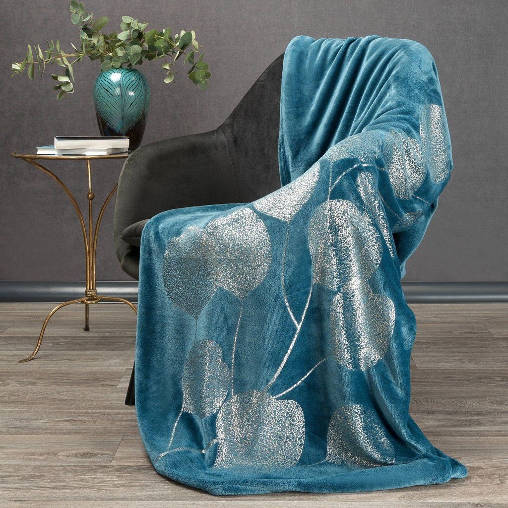 EUROFIRANY | Decke - 150 x 200 cm - blaue Sofadecke - Blumenmuster