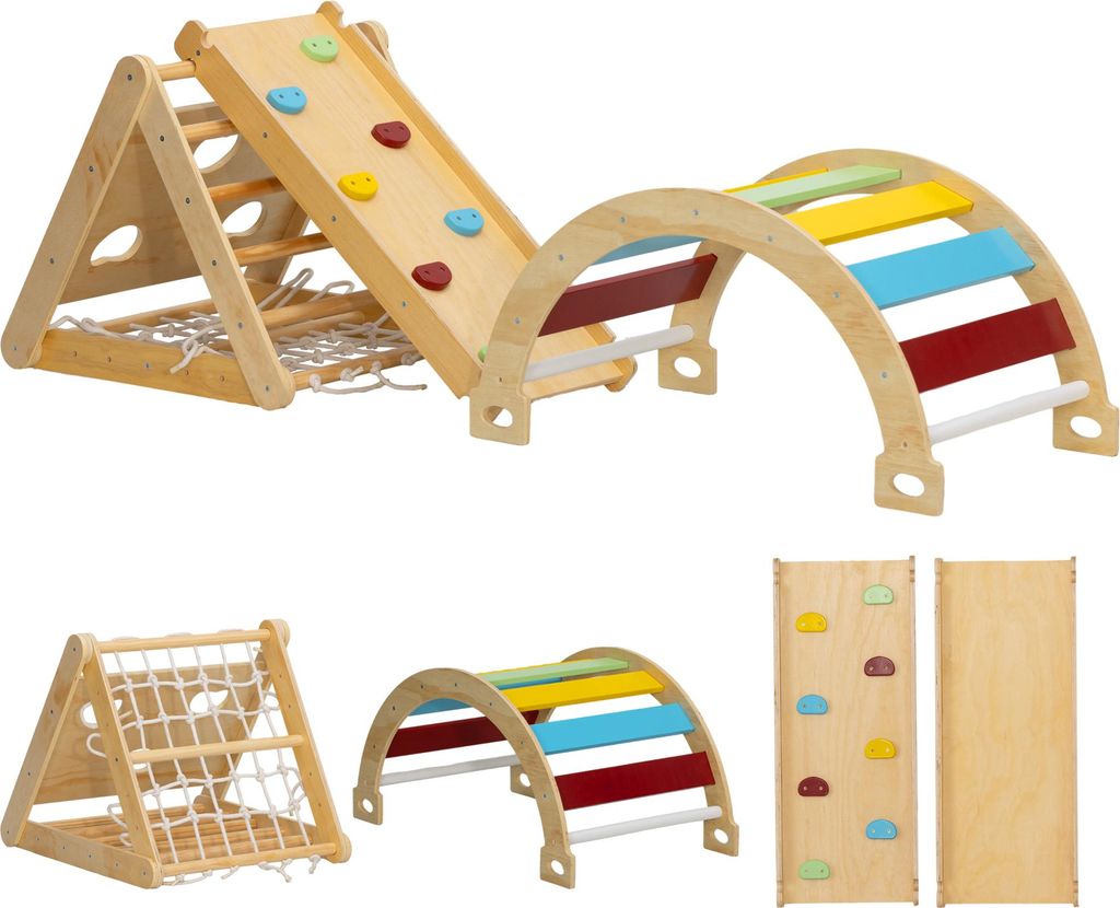 Klettergerüst Indoor, 7 in 1 Kletterdreieck mit Rutsche, Kletterbogen, Mehrfarbig