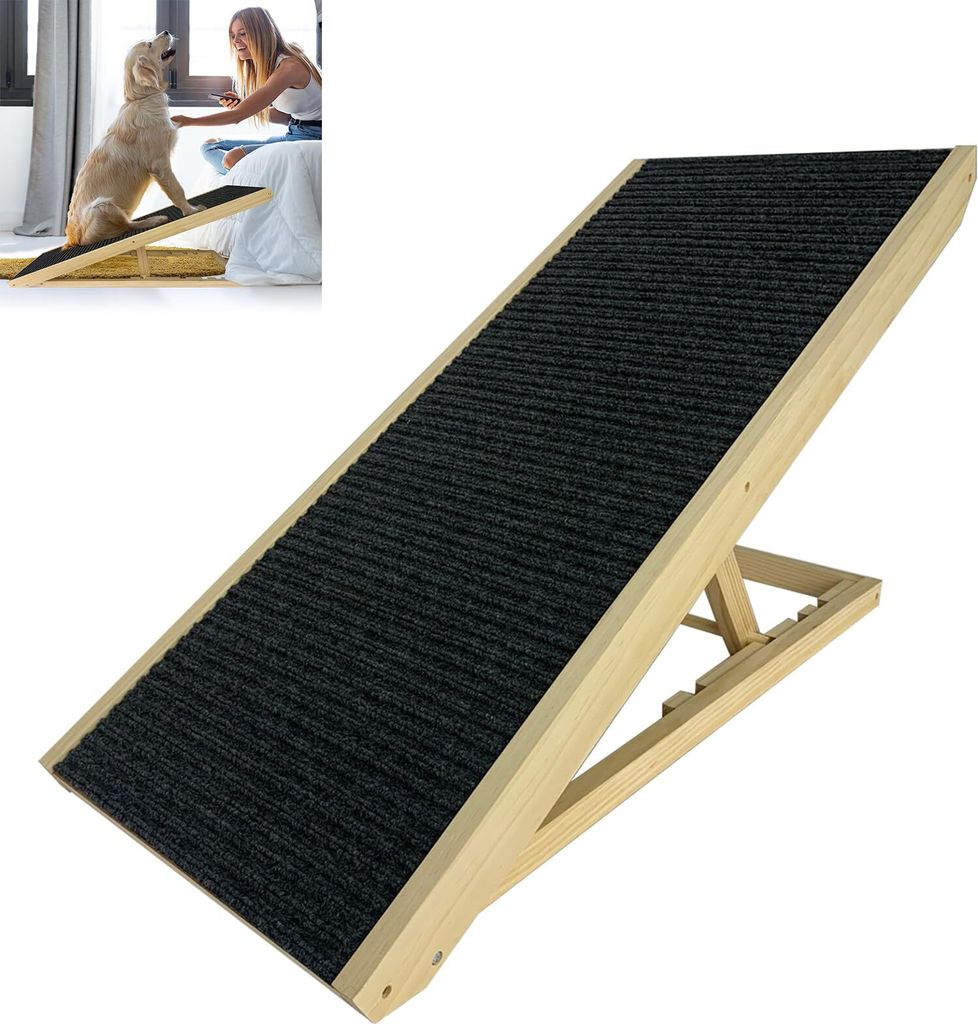 JOIEYOU Hunderampe 60cm Hundetreppe Holz Faltbar Höhenverstellbar Haustiertreppe mit Rutschfester Trittmatte Hunde Treppen für Bett Sofa, 100x40x...