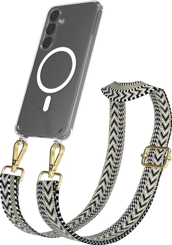 EAZY CASE - Handykette mit MagSafe Hülle für Samsung Galaxy S24 Plus, Handyband ZigZag Style,Karabiner Gold, Umhängeband in Grün