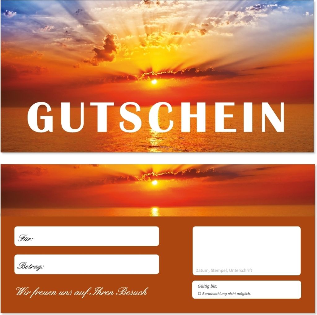 50 Stück Geschenkgutscheine (Sonnenuntergang-709) Gutscheine Gutscheinkarten für Bereiche wie Reisen, Urlaub und Wellness