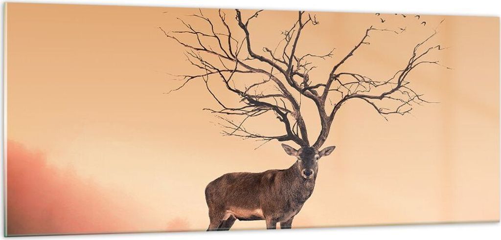 Bilder auf glas - Hirsch Baum Nebel Wald - 100x40cm - Glasbilder - Wandbilder - Kunstdruck - zum Aufhängen bereit - Wanddekoration aus Glas - Glas...