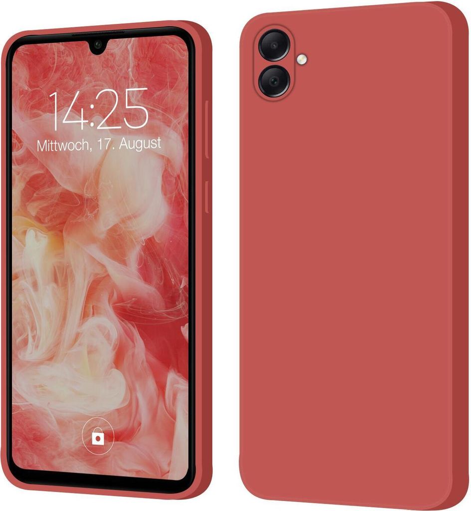 A product image showing a smartphone case in red, displayed from the front and back.