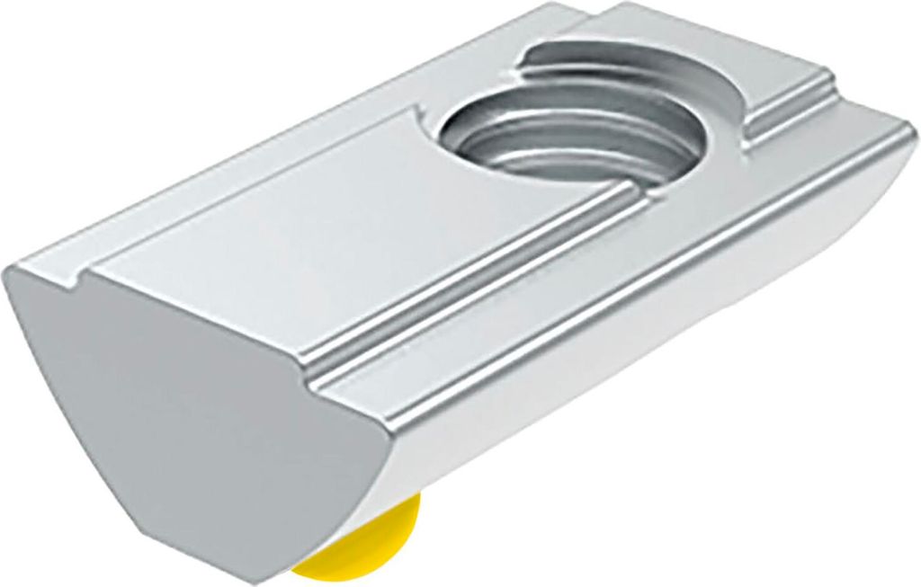 Fath Nutenstein Nut 8 M5, Einschwenkbar, Führungssteg, Federkugel in Gelb, Raster 40, passend zu Item SystemStahl verzinkt