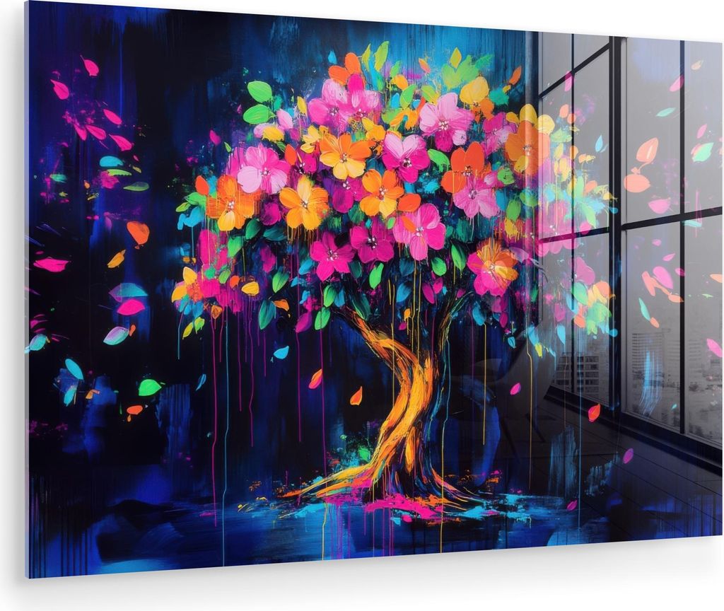MuchoWow Glasbilder - Bilder auf Wandbild - Foto auf Glas Baum - Blumen - Magisch - Farbig 60x40 cm Wanddekoration aus Glas - Acrylglasbild - Acryl...