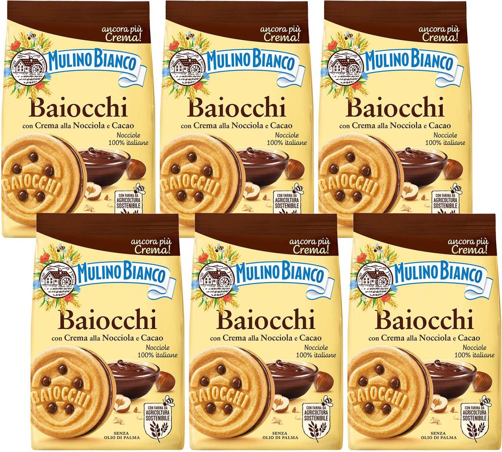 MULINO BIANCO Baiocchi - Mürbeteiggebäck mit Haselnusscreme und Kakao 260g (Kakao, x6)