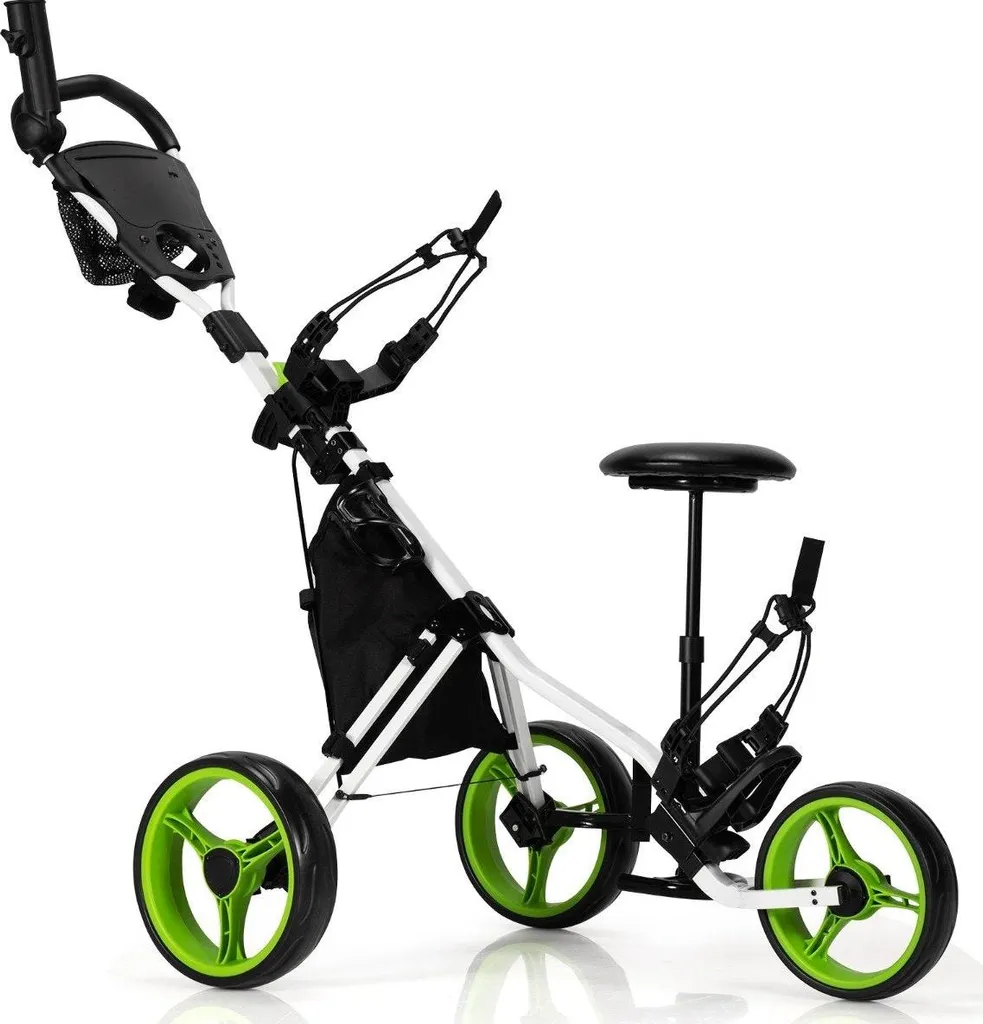 Chariot de golf pour terrain vallonné 3 roues alu avec siège de repos vert