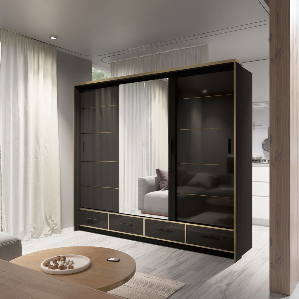 Großer Schiebeschrank mit Spiegel, halbglänzend schwarz mit goldenen Einsätzen, geräumiger Sevilla 250 cm LED-Schlafzimmerschrank