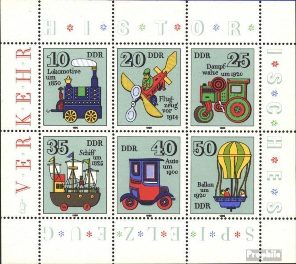 Briefmarken DDR 1980 Mi 2566-2571 Kleinbogen (kompl.Ausgabe) postfrisch Historisches Spielzeug (I). Verkehrsmittel