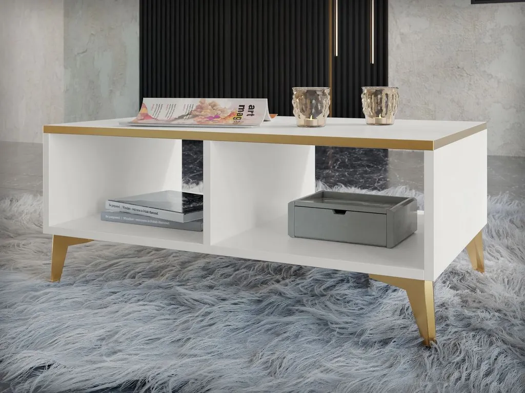 Tavolino LIVA Bianco Lucido e Oro - Eleganza Moderna per il Tuo Salotto