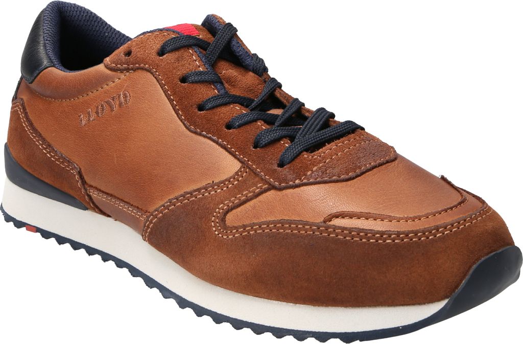 A single brown leather and suede sneaker is shown against a white background.