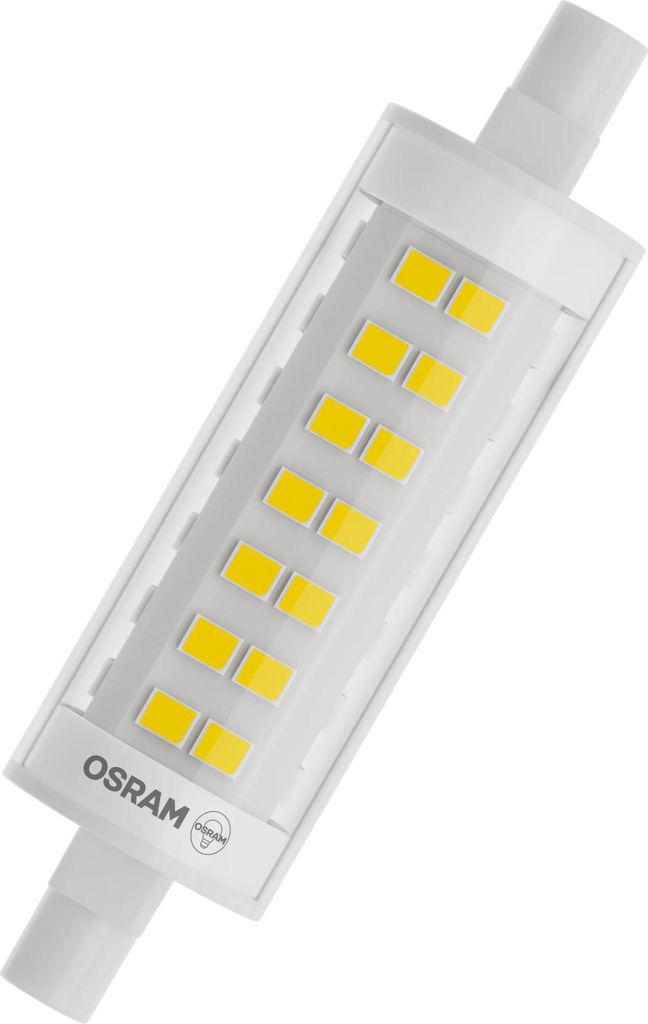 A single OSRAM LED light bulb with an R7s socket, shown against a white background.