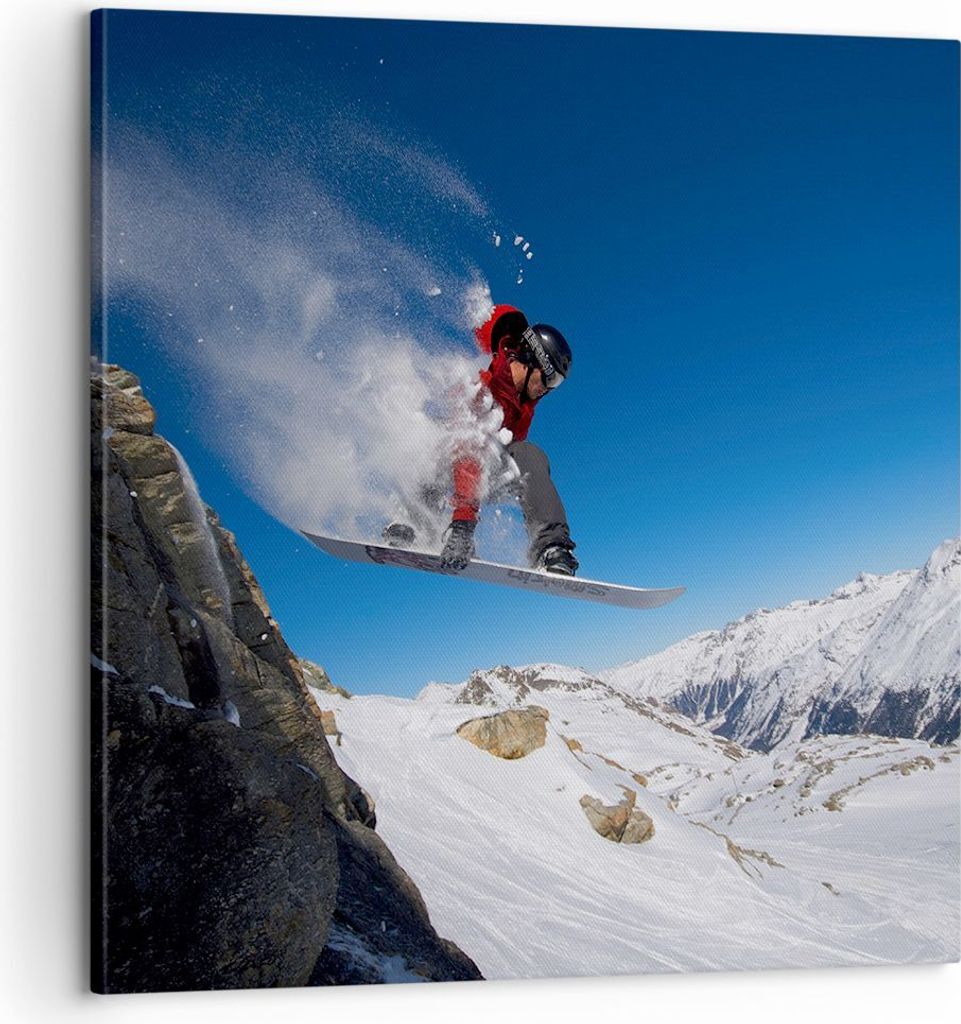 Bild auf Leinwand - Leinwandbild - Snowboard Winter Berg Gipfel - 60x60cm - Wand Bild - Wanddeko - Leinwanddruck - Bilder - Kunstdruck - Wanddekora...