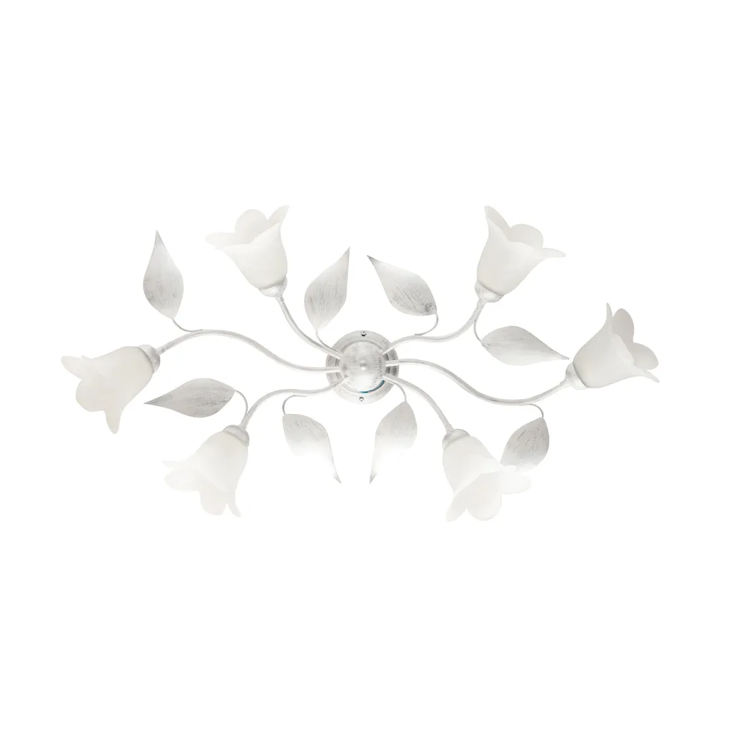 Plafonnier Olga en fer blanc et verre albâtre, 6 lumières, 70x52 cm