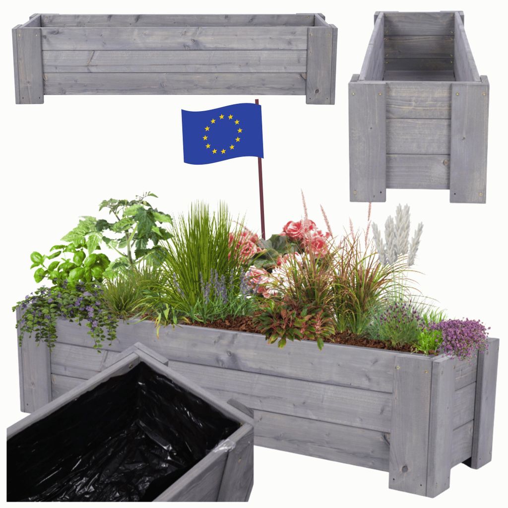 MODO24 Pflanzkübel Holz, Pflanzkasten, Blumenkasten, Kiefer, Schutzfolie, Wetterfest, Balkon, Garten, 30x100x33 cm, Grau, RDZP